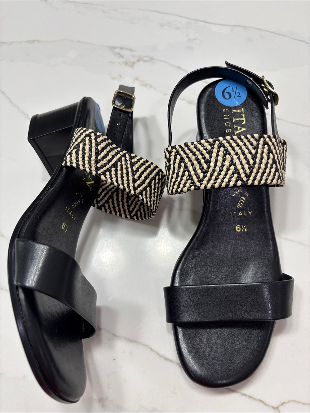 Italian Leather Black Sandals with Woven Natural Strap - Size 6.5
